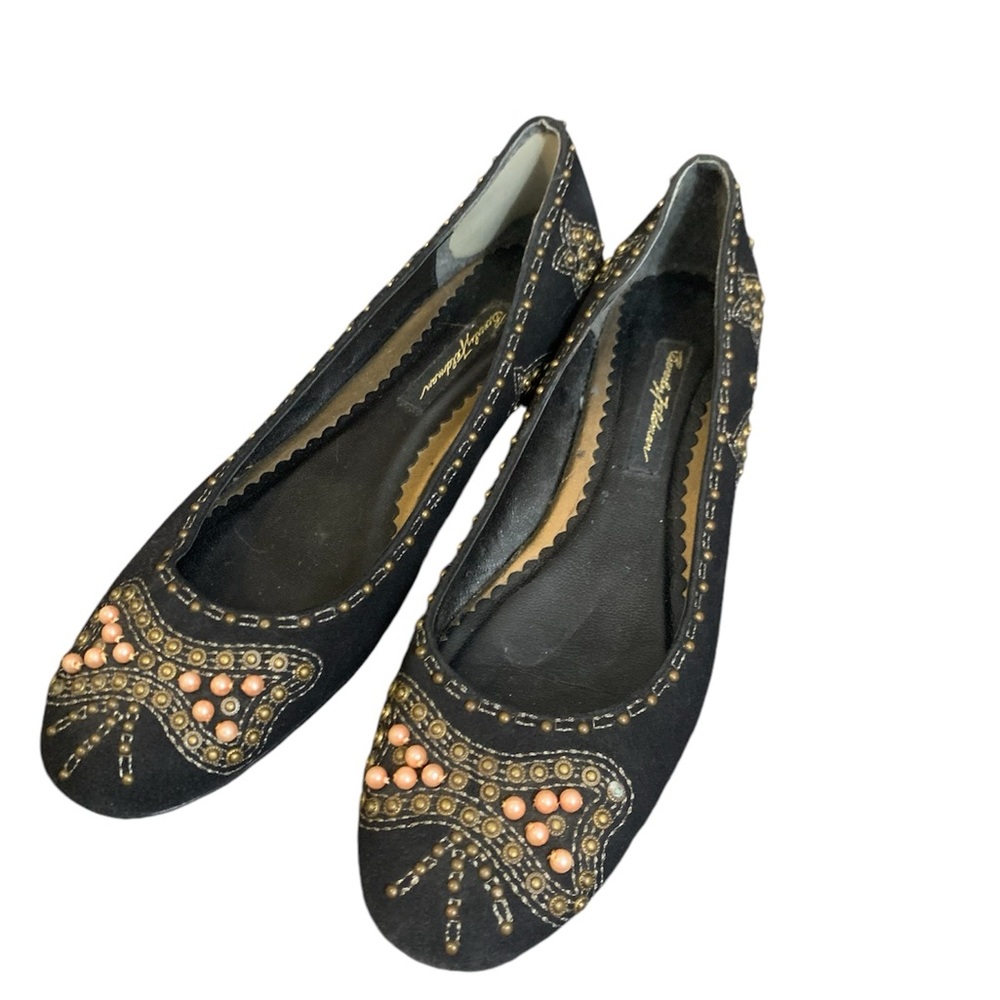 Beverly Feldman Black Flats with Gold and Pink Embellishments